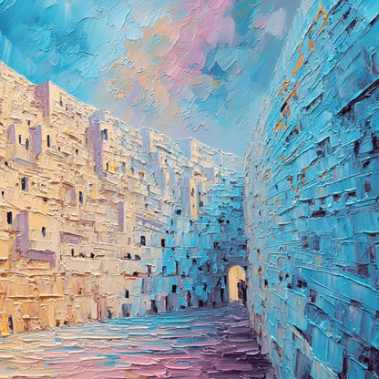 AEGEAN PASSAGE: Heavily Textured Palette Knife Cityscape Wall Art | rectangular format, hand-painted canvas edge