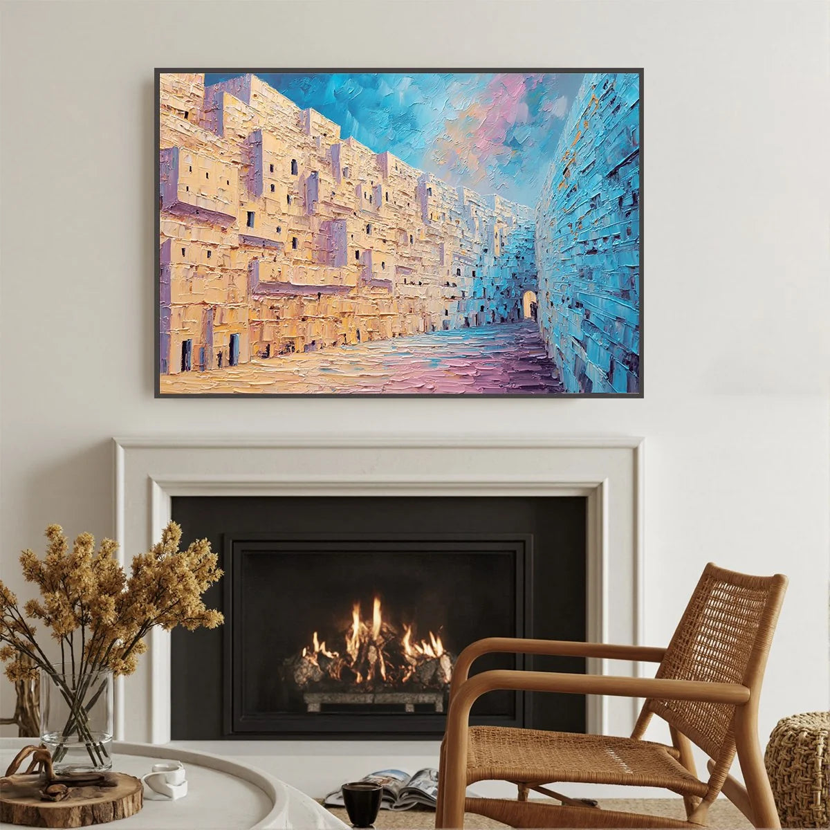 AEGEAN PASSAGE: Heavily Textured Palette Knife Cityscape Wall Art | gold frame stretched on neutral wall