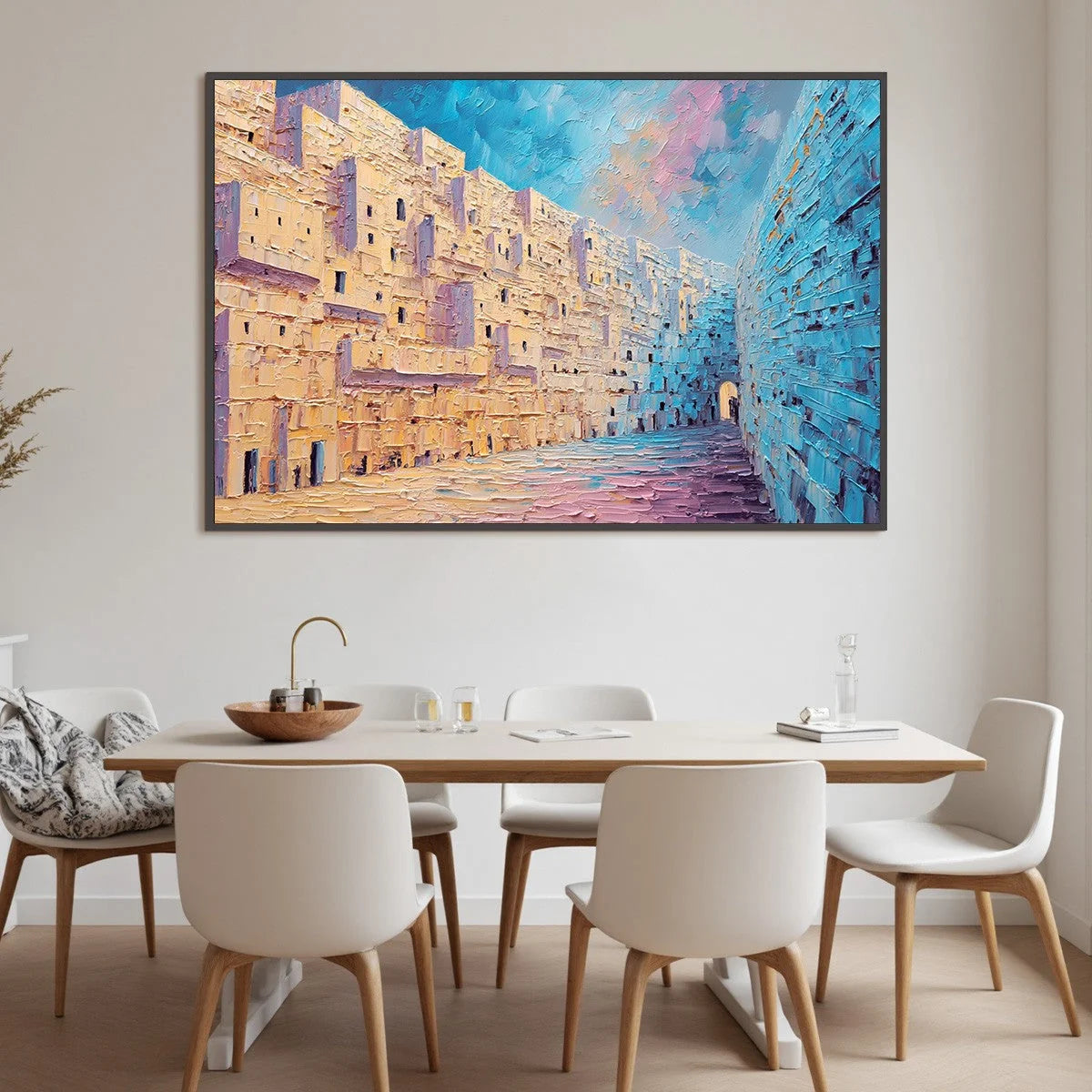 AEGEAN PASSAGE: Heavily Textured Palette Knife Cityscape Wall Art | black frame version on white wall