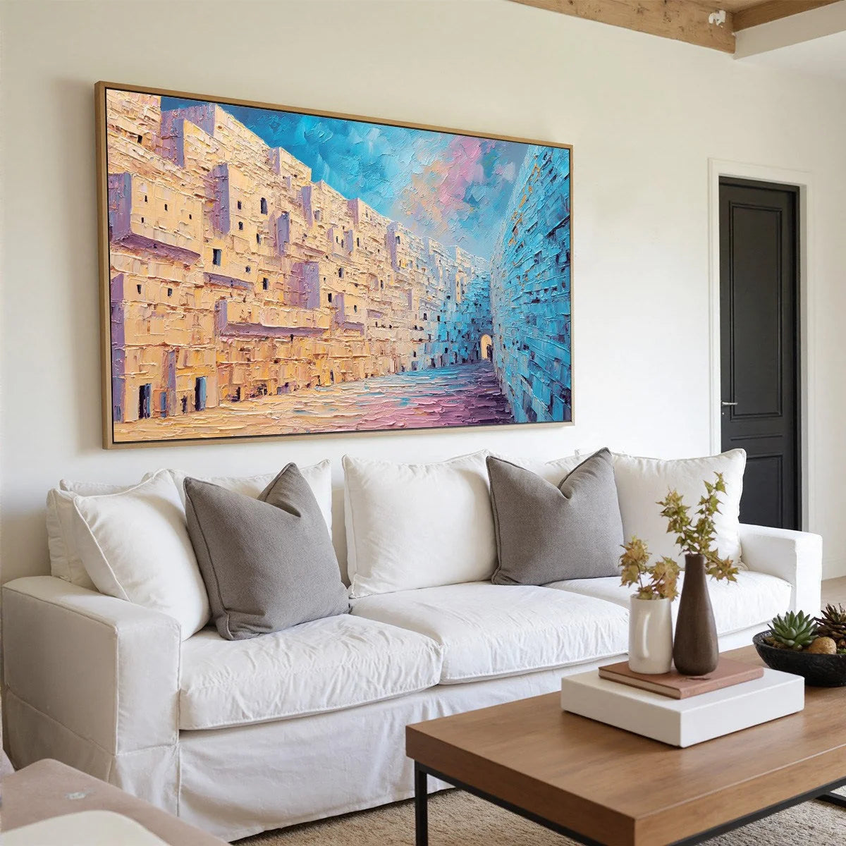 AEGEAN PASSAGE: Heavily Textured Palette Knife Cityscape Wall Art | palette knife mood, soft natural light studio shot