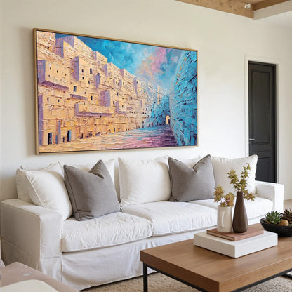 AEGEAN PASSAGE: Heavily Textured Palette Knife Cityscape Wall Art | palette knife mood, soft natural light studio shot