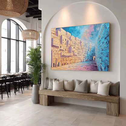 AEGEAN PASSAGE: Heavily Textured Palette Knife Cityscape Wall Art | multi palette, original office art