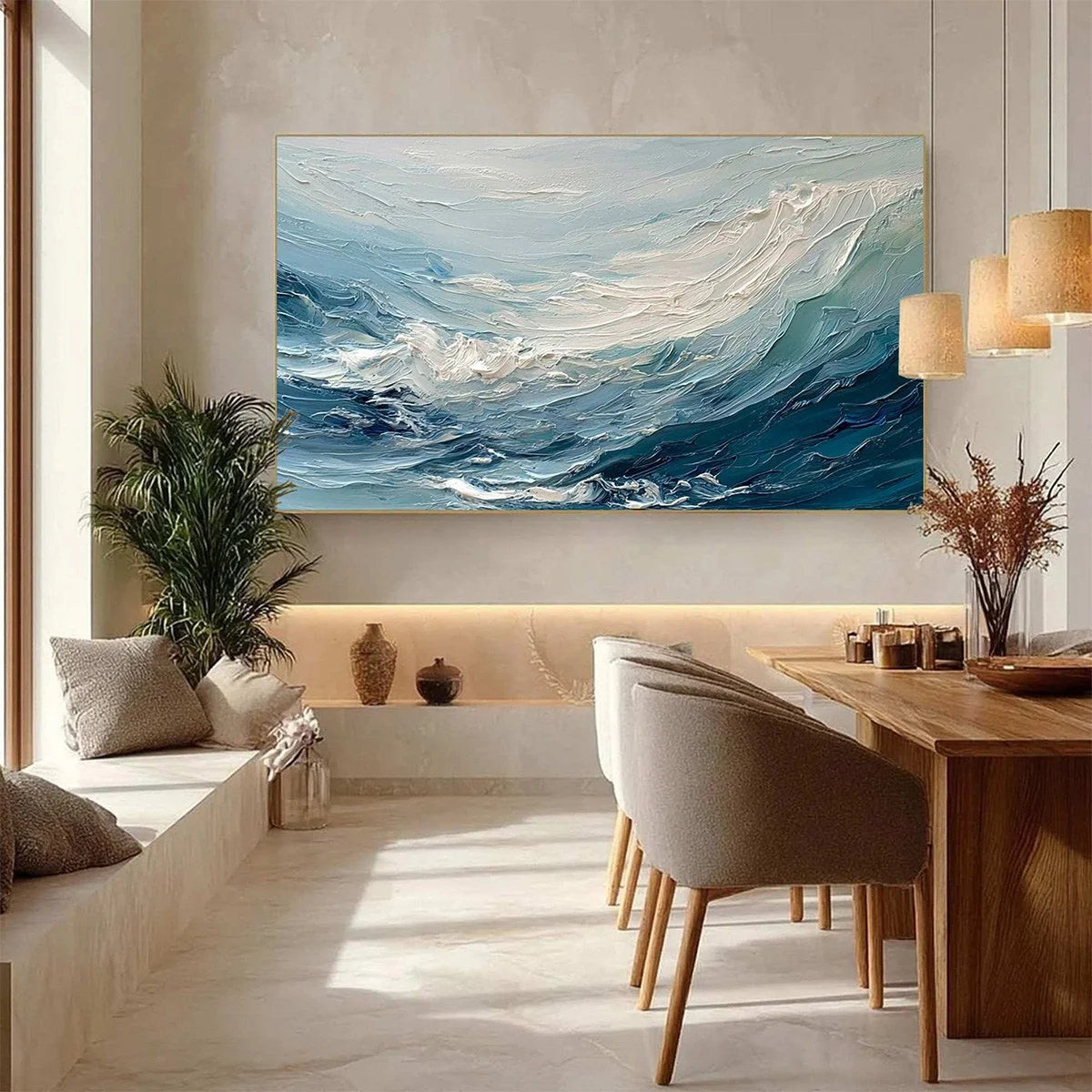 AEGEAN SURGE: Textured Abstract Ocean Wave Painting | gold frame stretched on neutral wall