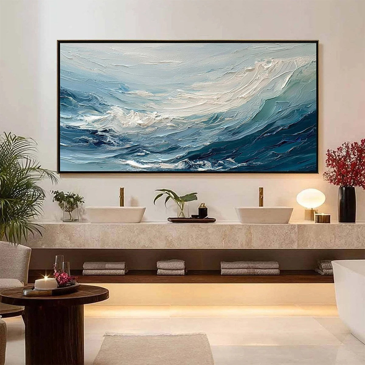AEGEAN SURGE: Textured Abstract Ocean Wave Painting | black frame version on white wall