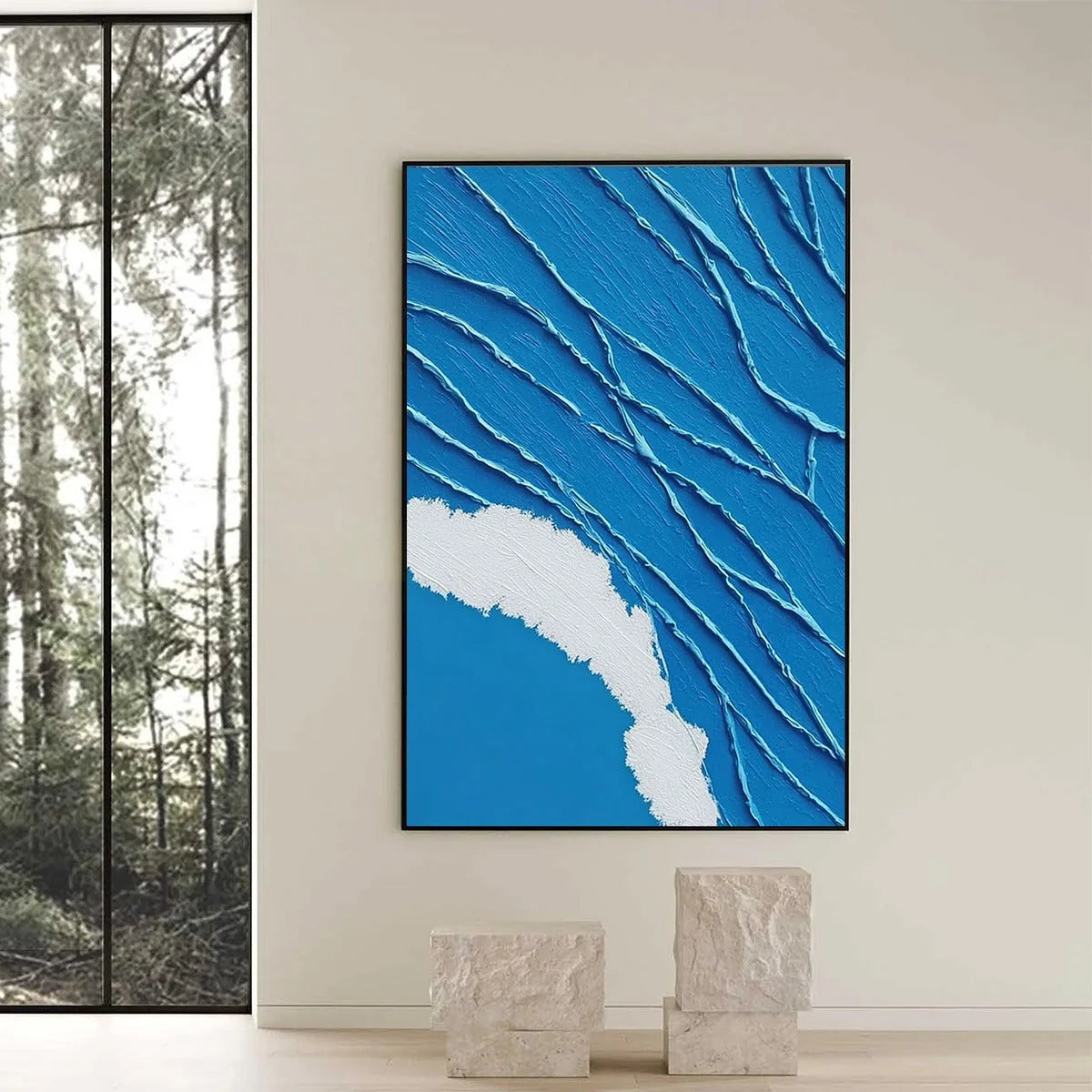 AEGEAN TIDE: Textured Impasto Abstract Seascape Painting | black frame version on white wall