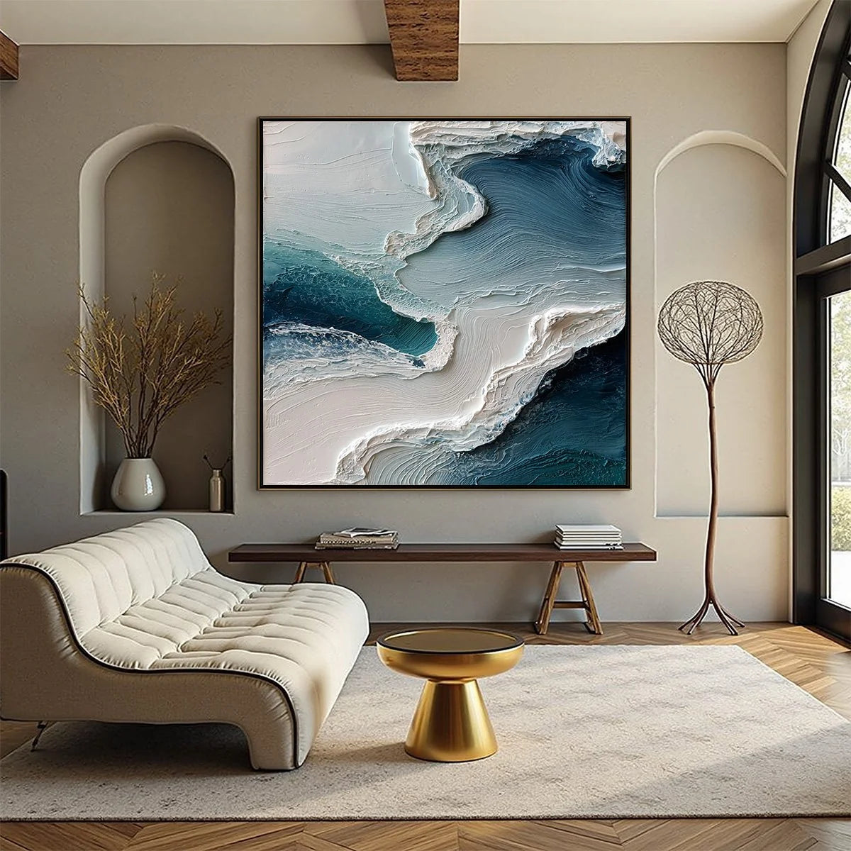 AEGEAN TIDE: Textured Wabi Sabi Abstract Seascape Painting | wabi sabi closeup, raised brushwork detail