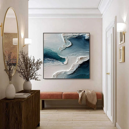 AEGEAN TIDE: Textured Wabi Sabi Abstract Seascape Painting | gold frame stretched on neutral wall
