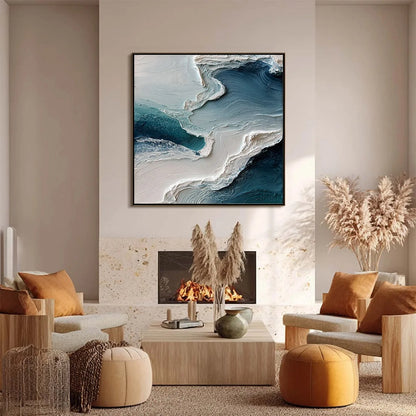 AEGEAN TIDE: Textured Wabi Sabi Abstract Seascape Painting | black frame version on white wall