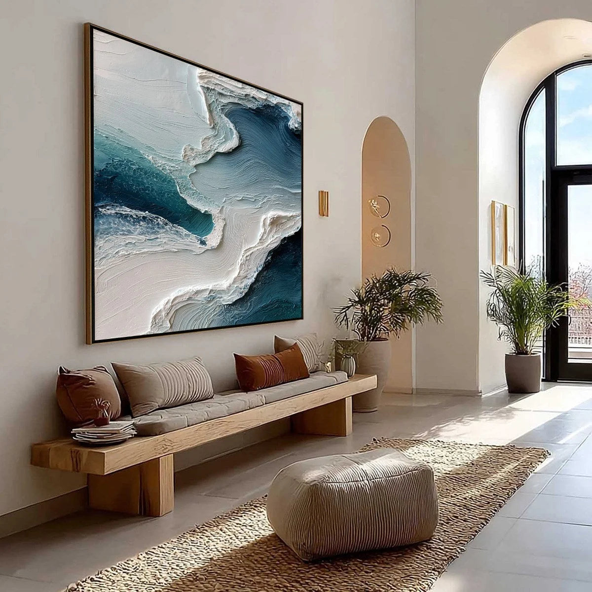 AEGEAN TIDE: Textured Wabi Sabi Abstract Seascape Painting | wabi sabi mood, soft natural light studio shot