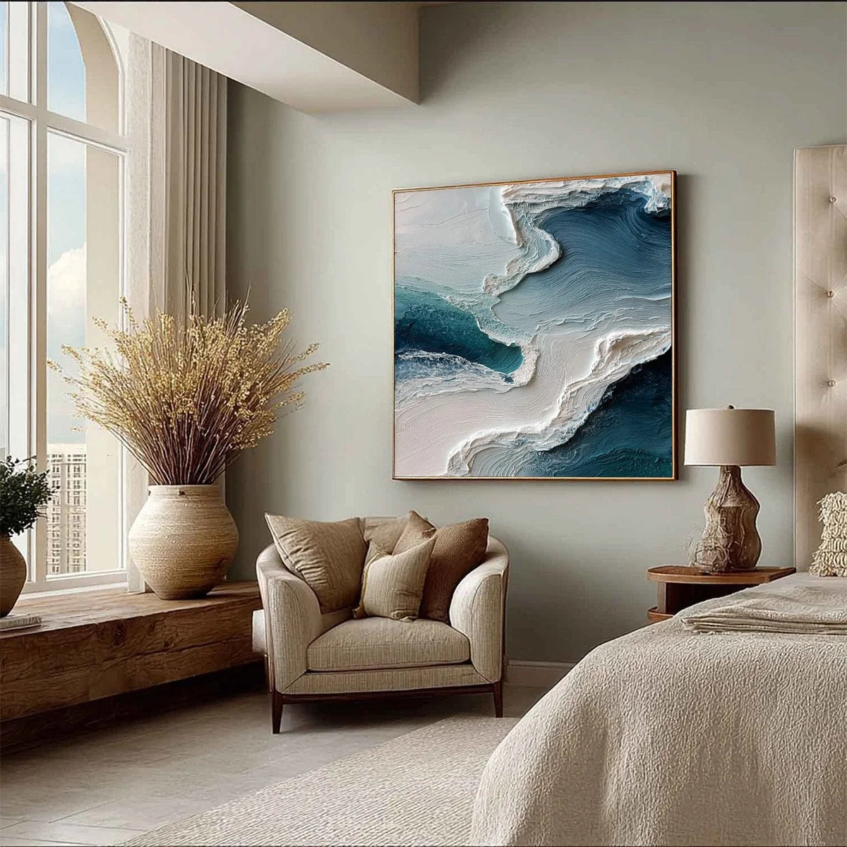 AEGEAN TIDE: Textured Wabi Sabi Abstract Seascape Painting | blue palette, original bedroom art