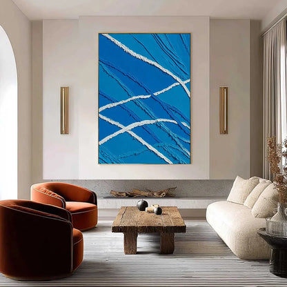 AEGEAN TIDES: Large Textured Blue and White Abstract Impasto Painting | impasto closeup, raised brushwork detail