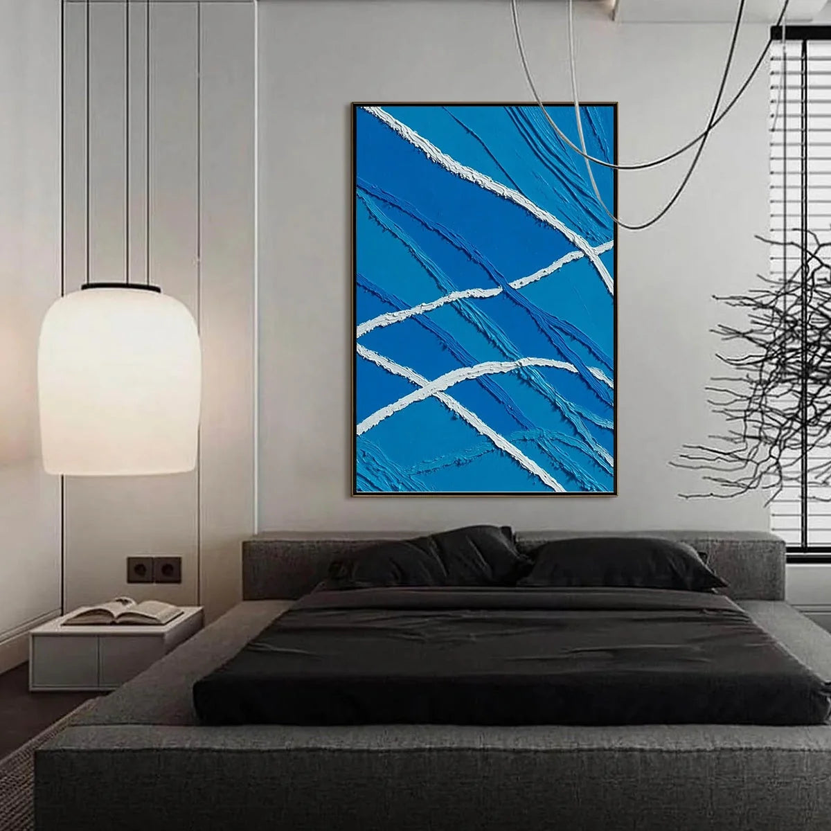 AEGEAN TIDES: Large Textured Blue and White Abstract Impasto Painting | gold frame stretched on neutral wall