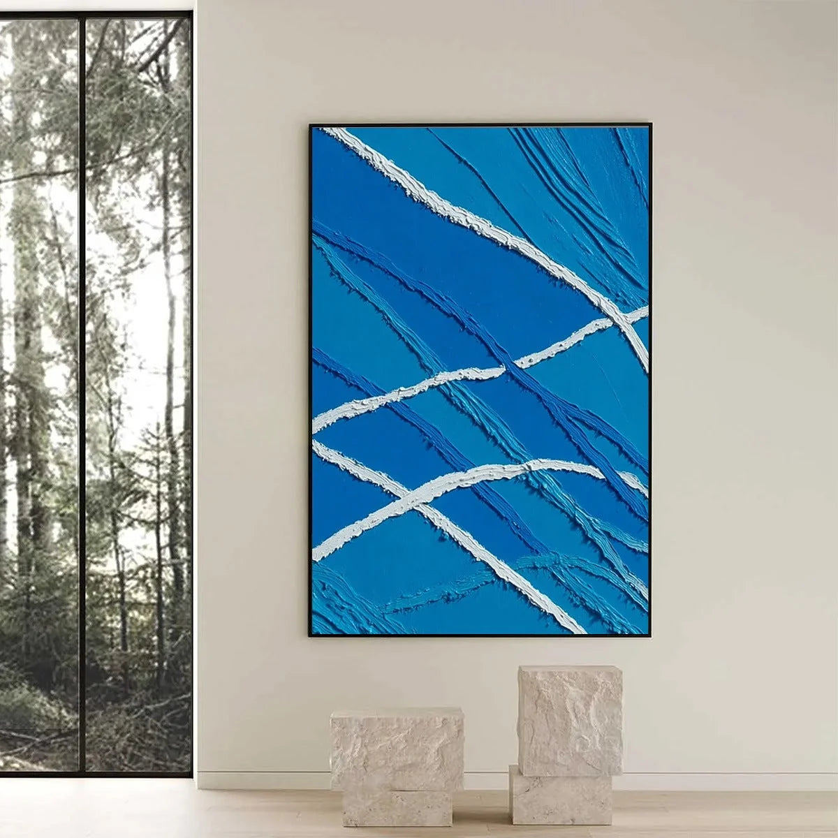 AEGEAN TIDES: Large Textured Blue and White Abstract Impasto Painting | black frame version on white wall