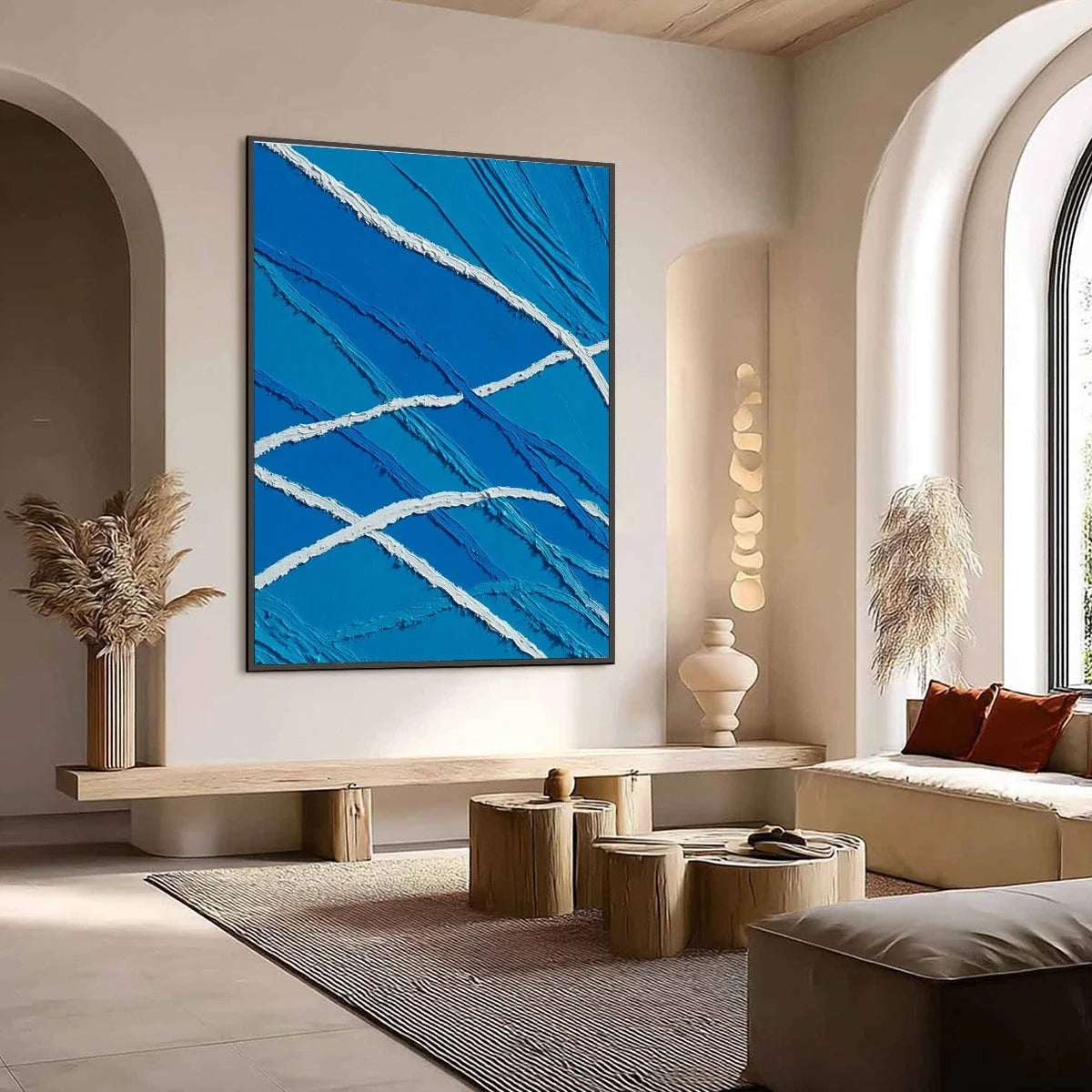 AEGEAN TIDES: Large Textured Blue and White Abstract Impasto Painting | impasto mood, soft natural light studio shot