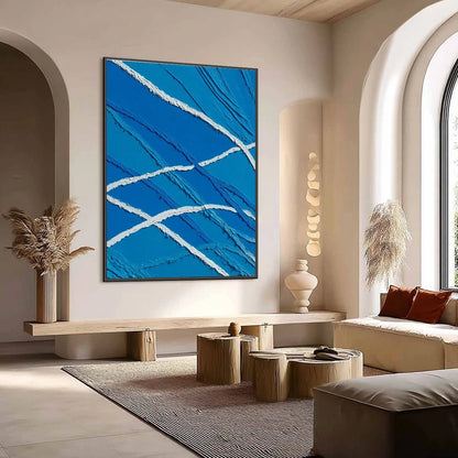 AEGEAN TIDES: Large Textured Blue and White Abstract Impasto Painting | impasto mood, soft natural light studio shot