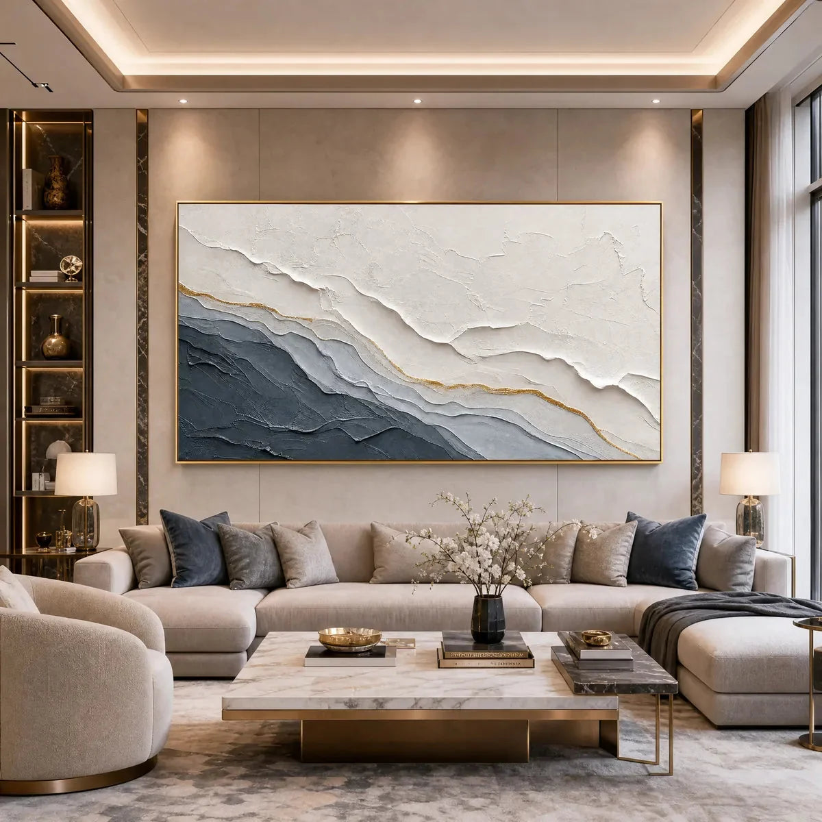 AEON: Textured Grey and Gold Abstract Landscape Painting | gold frame stretched on neutral wall