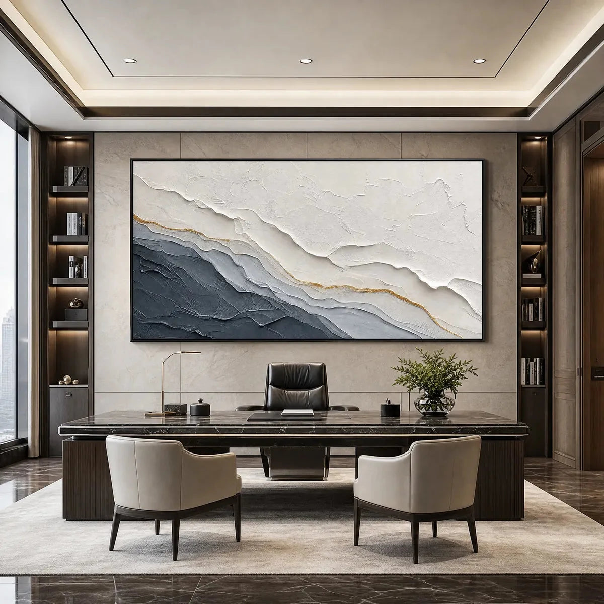 AEON: Textured Grey and Gold Abstract Landscape Painting | black frame version on white wall