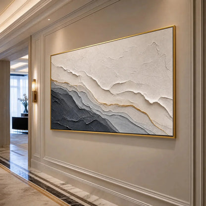 AEON: Textured Grey and Gold Abstract Landscape Painting | textured mood, soft natural light studio shot