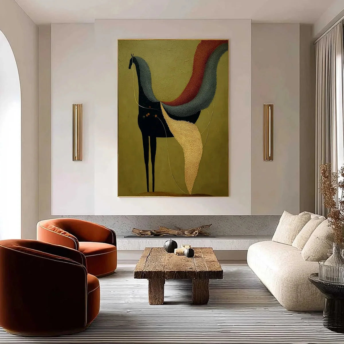 AEON'S TAPESTRY: Textured Wabi Sabi Abstract Horse Painting | gold frame stretched on neutral wall