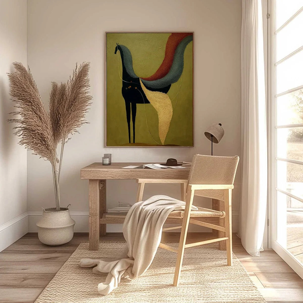 AEON'S TAPESTRY: Textured Wabi Sabi Abstract Horse Painting | black frame version on white wall