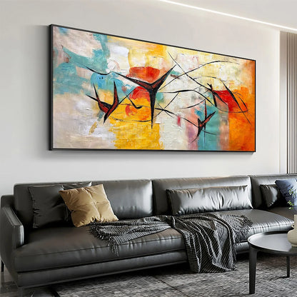 AERIAL DANCE: Abstract Colorful Oil Painting with Dynamic Lines | gold frame stretched on neutral wall