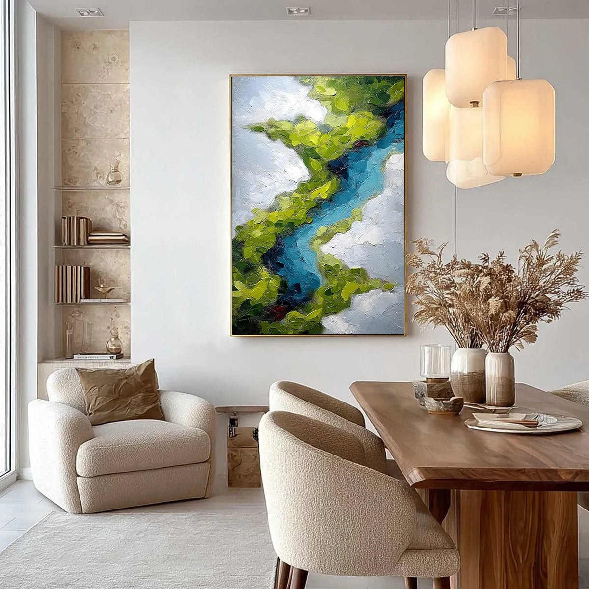 AERIAL REVERIE: Textured Abstract Aerial River Landscape Painting | gold frame stretched on neutral wall