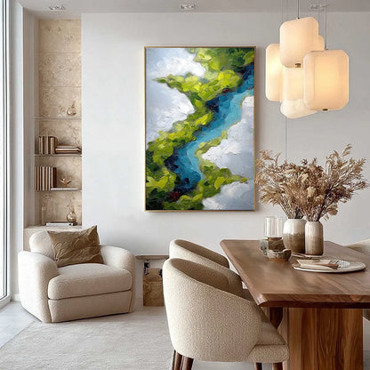 AERIAL REVERIE: Textured Abstract Aerial River Landscape Painting | gold frame stretched on neutral wall