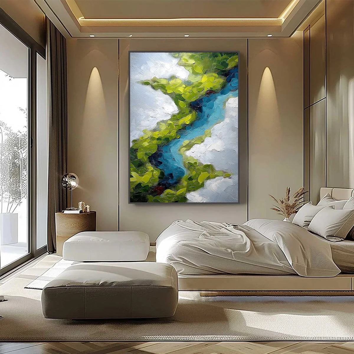 AERIAL REVERIE: Textured Abstract Aerial River Landscape Painting | black frame version on white wall