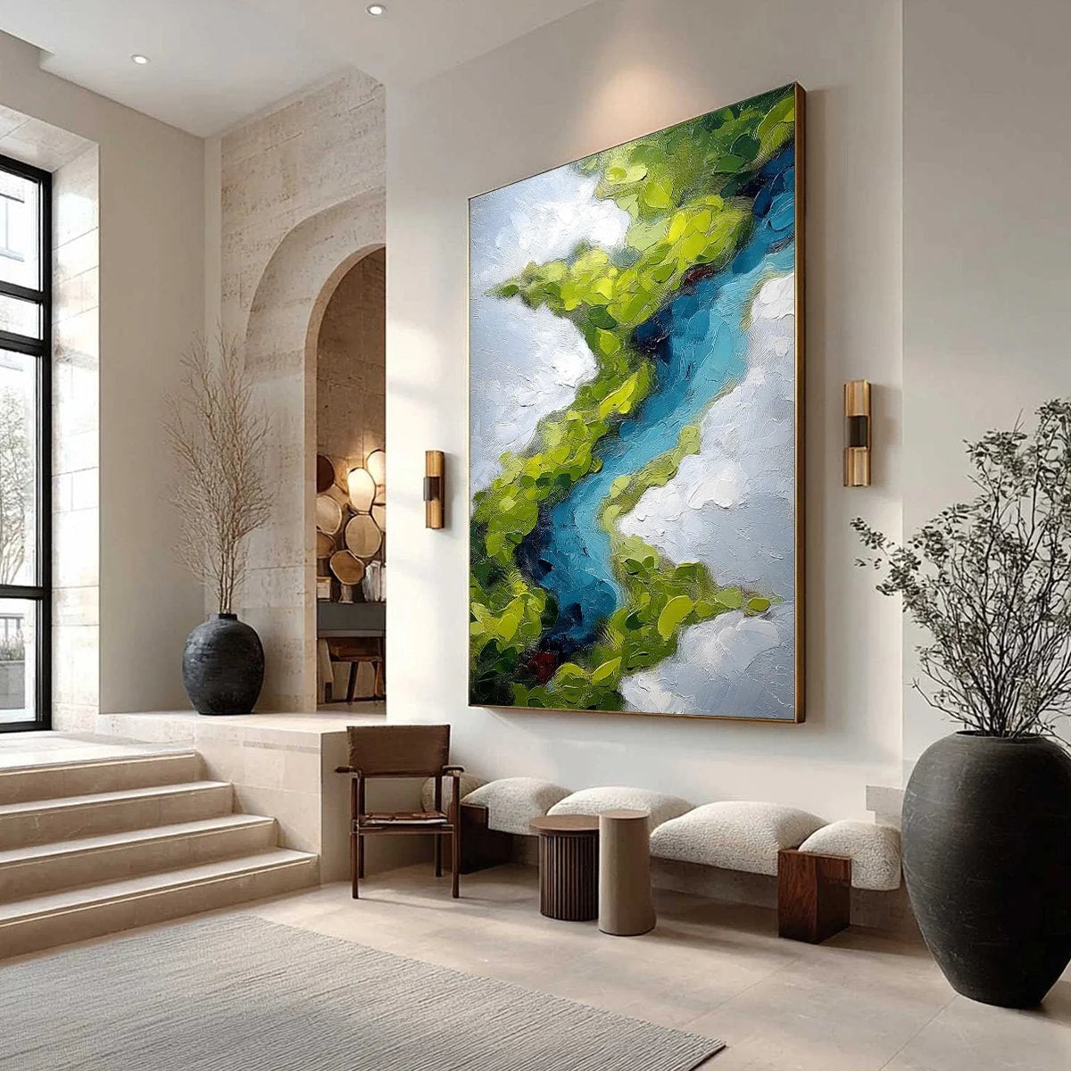 AERIAL REVERIE: Textured Abstract Aerial River Landscape Painting | textured mood, soft natural light studio shot