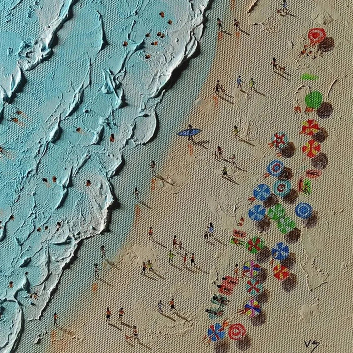 AERIAL VISTA: Impasto Beach Scene Oil Painting | rectangular format, hand-painted canvas edge