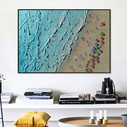 AERIAL VISTA: Impasto Beach Scene Oil Painting | gold frame stretched on neutral wall