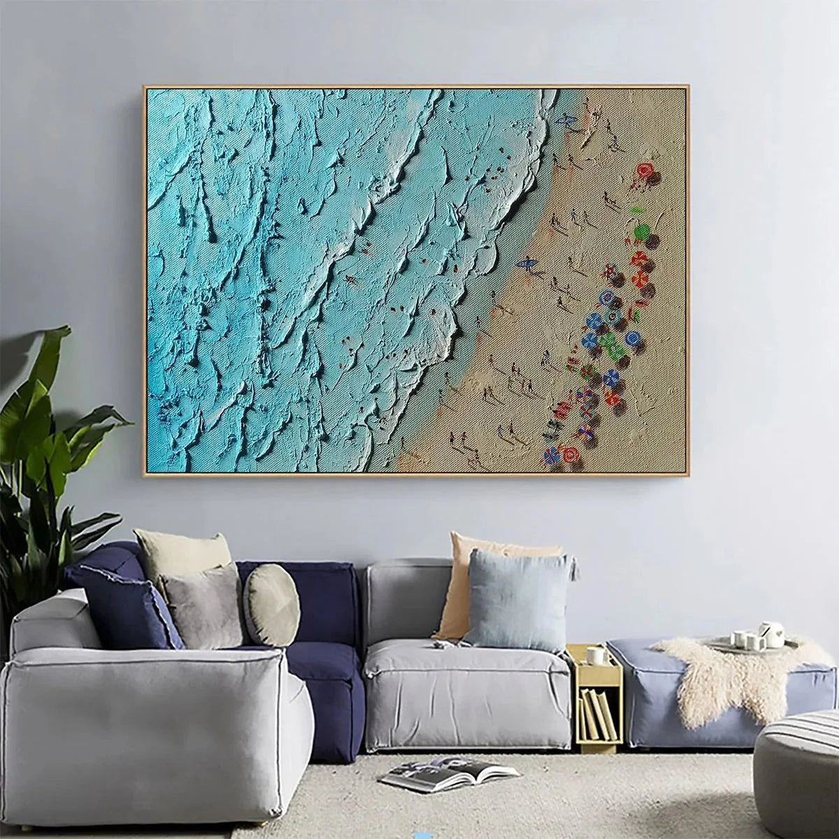AERIAL VISTA: Impasto Beach Scene Oil Painting | black frame version on white wall