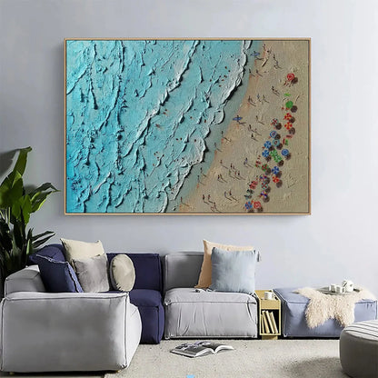 AERIAL VISTA: Impasto Beach Scene Oil Painting | black frame version on white wall