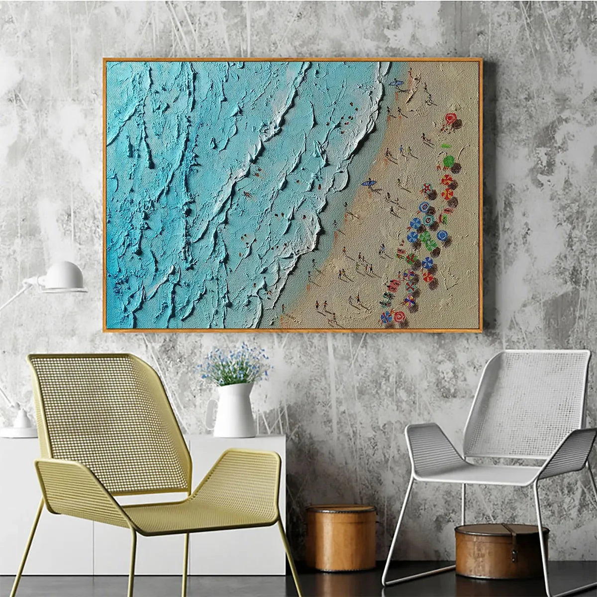 AERIAL VISTA: Impasto Beach Scene Oil Painting | impasto mood, soft natural light studio shot