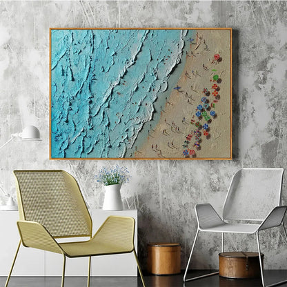 AERIAL VISTA: Impasto Beach Scene Oil Painting | impasto mood, soft natural light studio shot