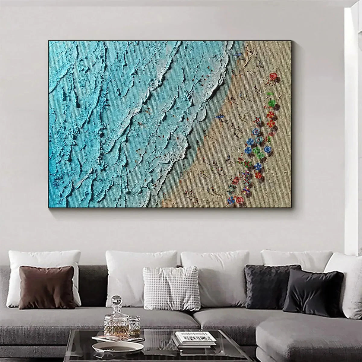 AERIAL VISTA: Impasto Beach Scene Oil Painting | blue palette, original dining room art