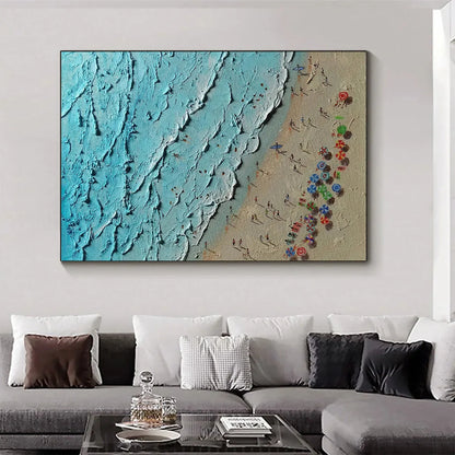 AERIAL VISTA: Impasto Beach Scene Oil Painting | blue palette, original dining room art
