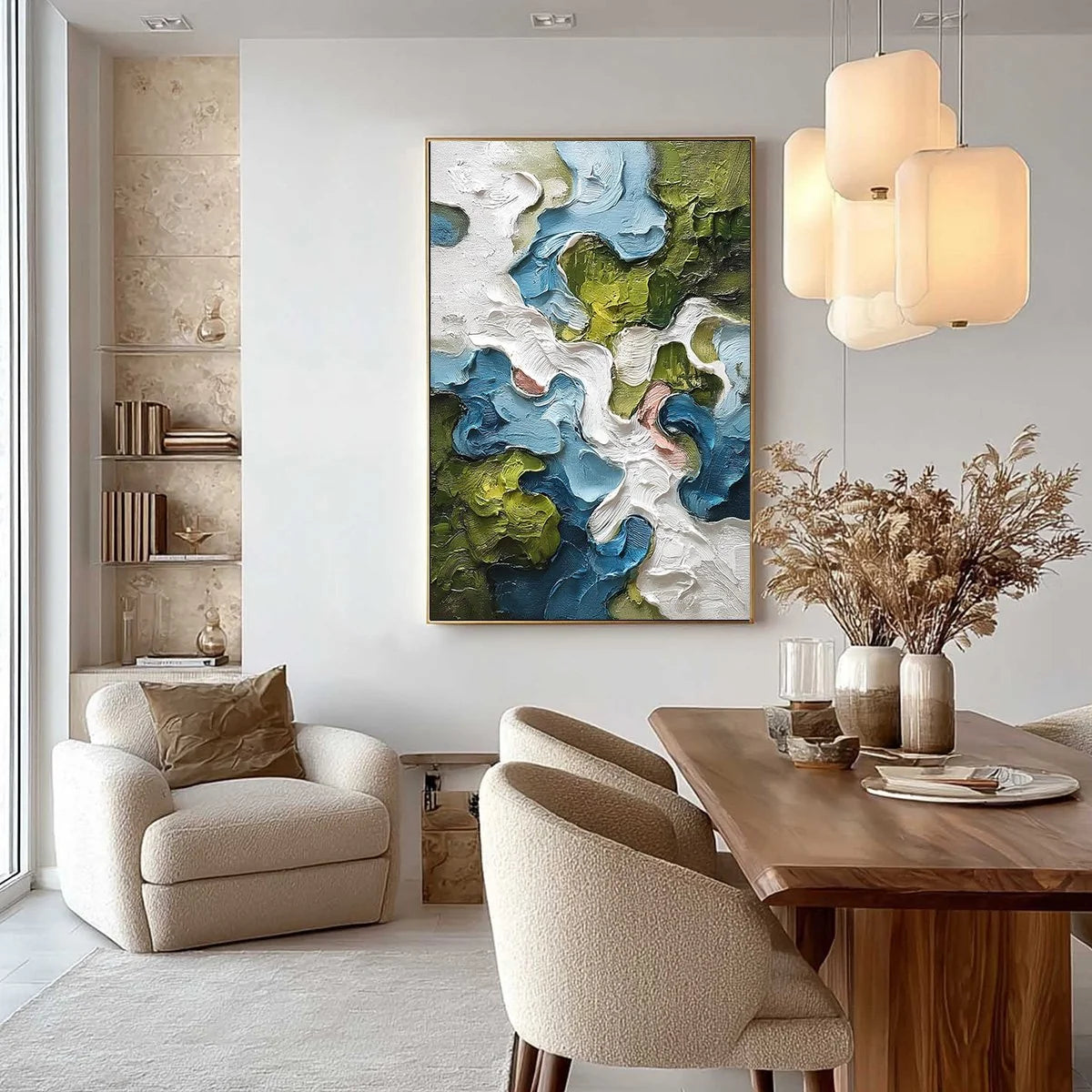 AERIALIS: Heavy Texture Abstract Landscape Oil Painting | gold frame stretched on neutral wall
