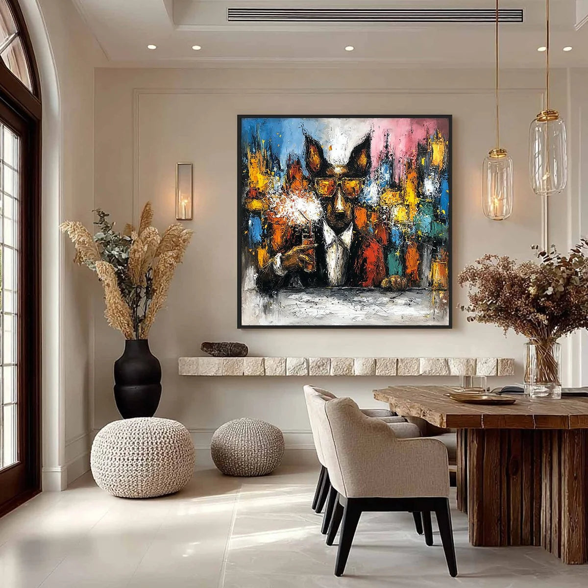 AFTER HOURS Abstract Dog Oil Painting | Colorful Modern Art | gold frame stretched on neutral wall