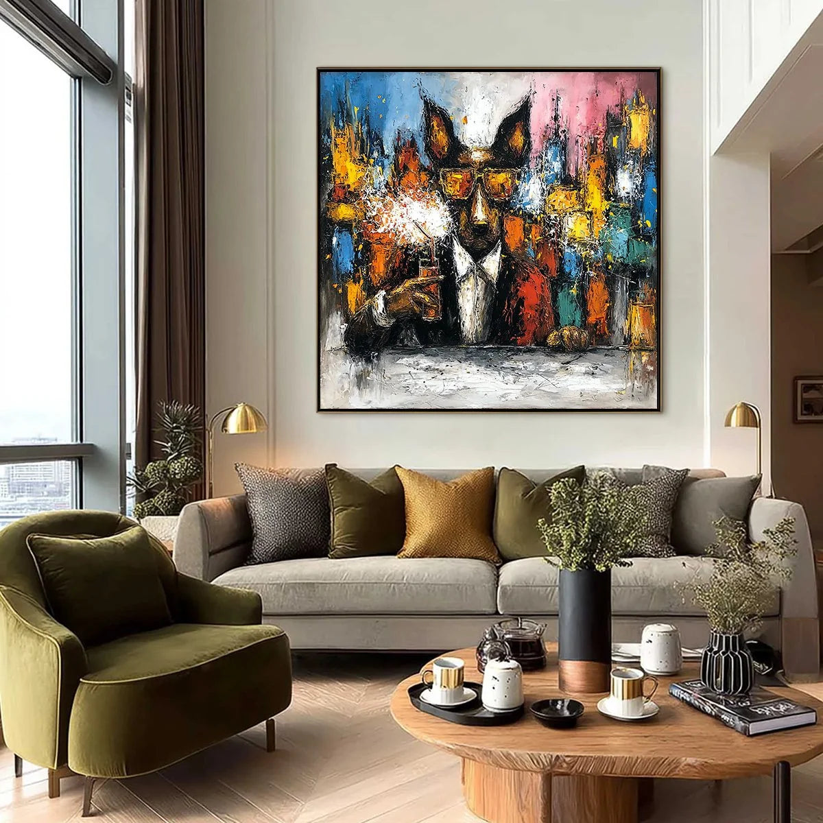 AFTER HOURS Abstract Dog Oil Painting | Colorful Modern Art | black frame version on white wall