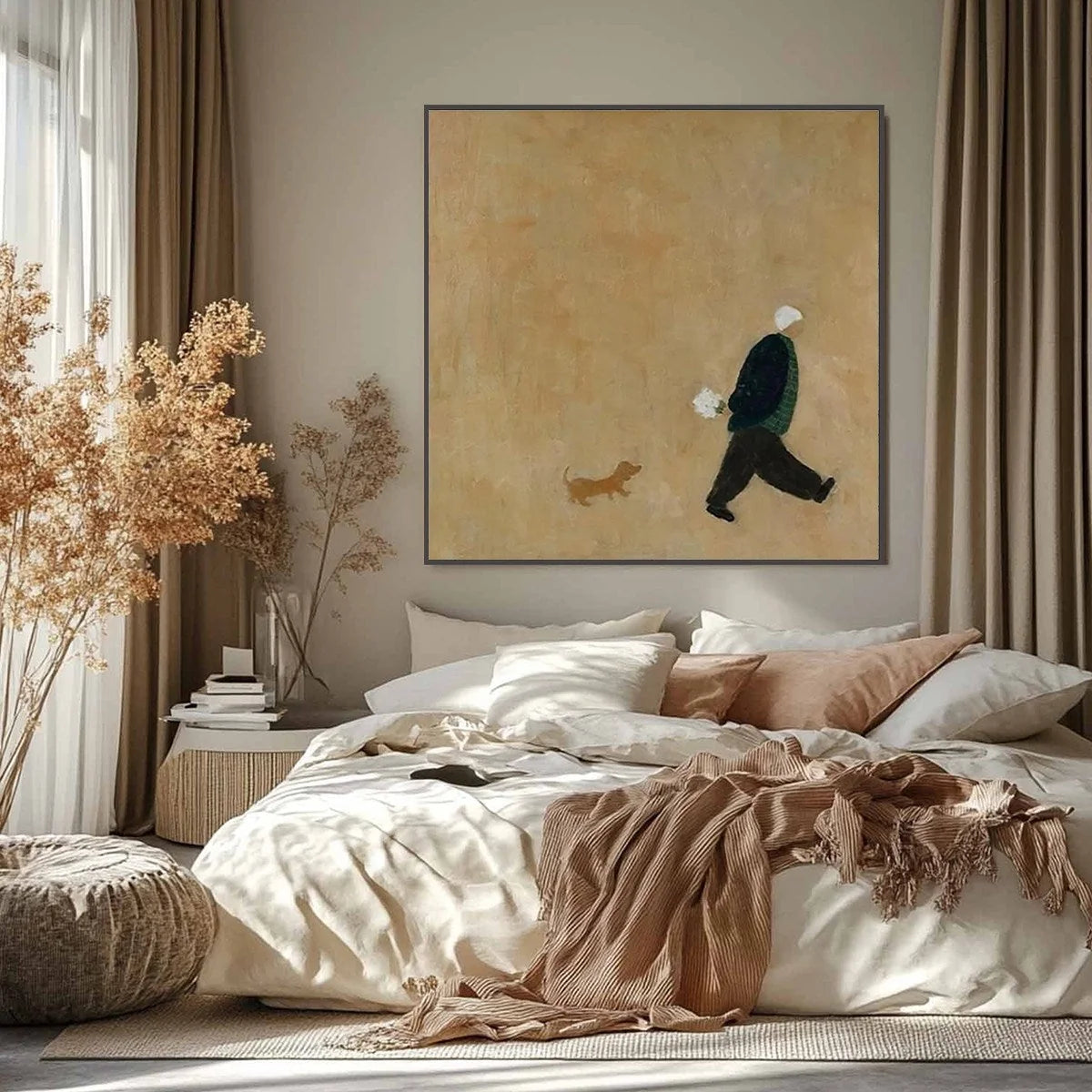 AFTERNOON STROLL: Minimalist Figurative Oil Painting | gold frame stretched on neutral wall