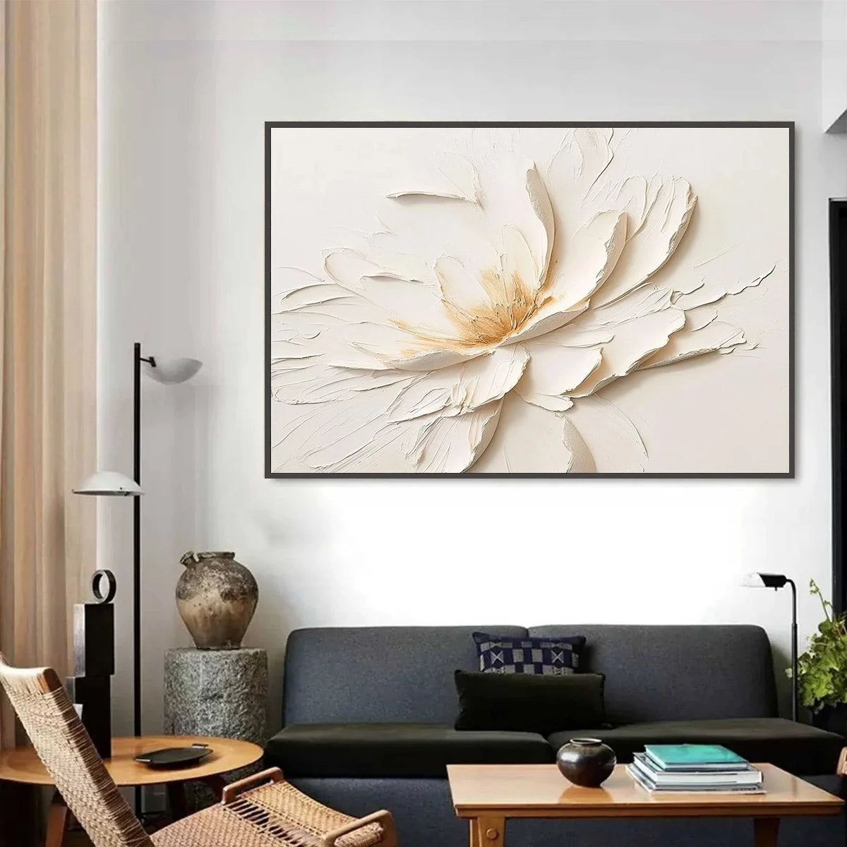 ALABASTER BLOOM: Textured Impasto Floral Oil Painting | rectangular format, hand-painted canvas edge