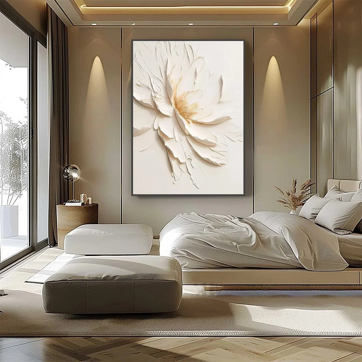 ALABASTER BLOOM: Textured Impasto Floral Oil Painting | black frame version on white wall