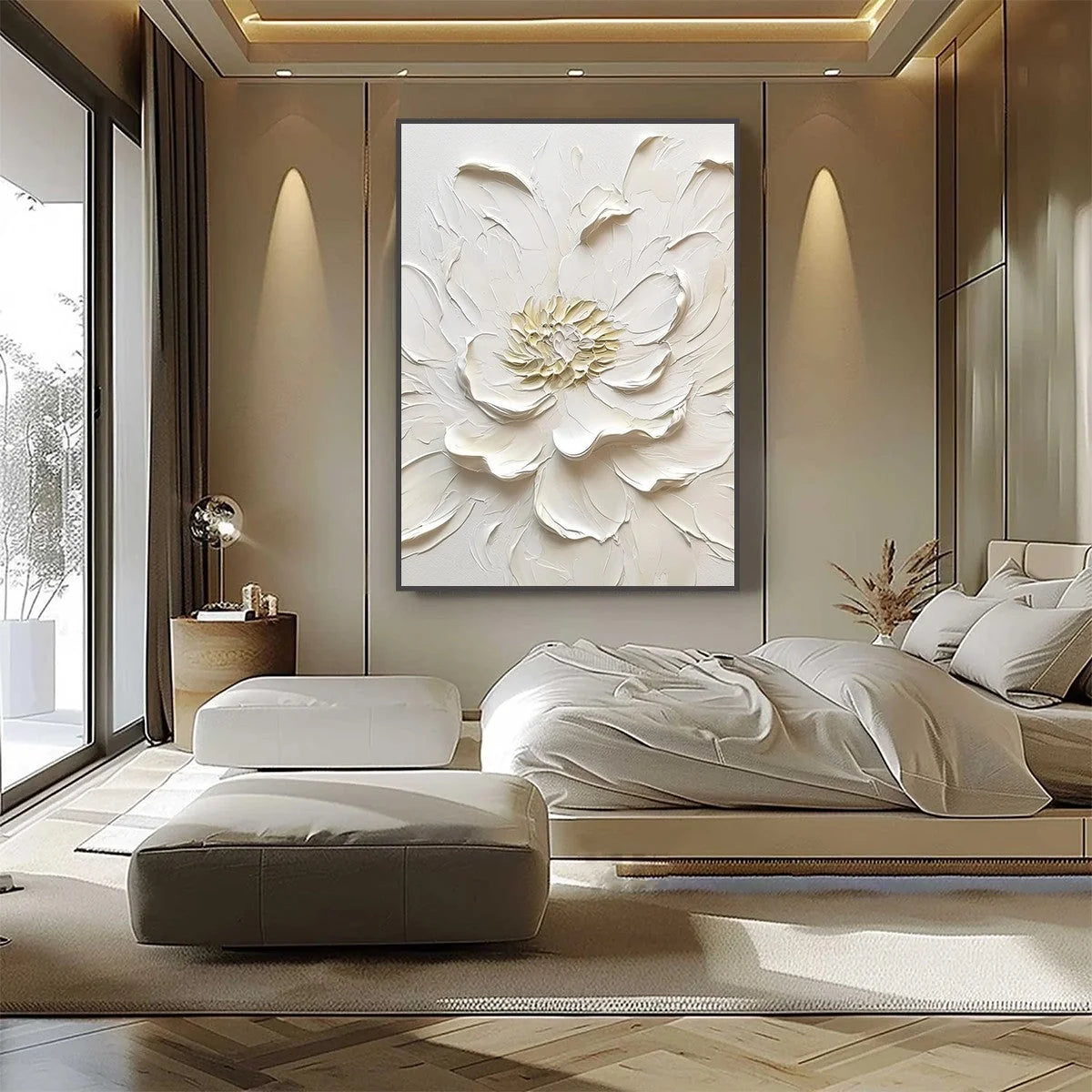 ALABASTER BLOOM: Textured Impasto Peony Flower Painting | rectangular format, hand-painted canvas edge