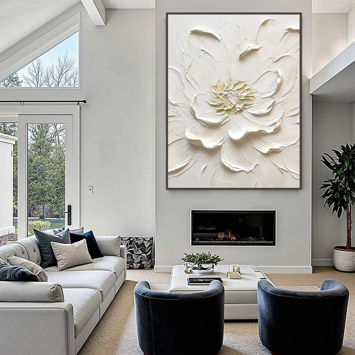 ALABASTER BLOOM: Textured Impasto Peony Flower Painting | gold frame stretched on neutral wall