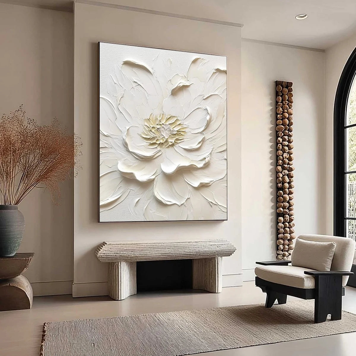 ALABASTER BLOOM: Textured Impasto Peony Flower Painting | black frame version on white wall