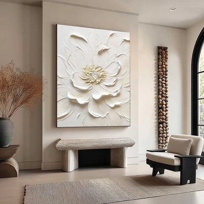 ALABASTER BLOOM: Textured Impasto Peony Flower Painting | black frame version on white wall