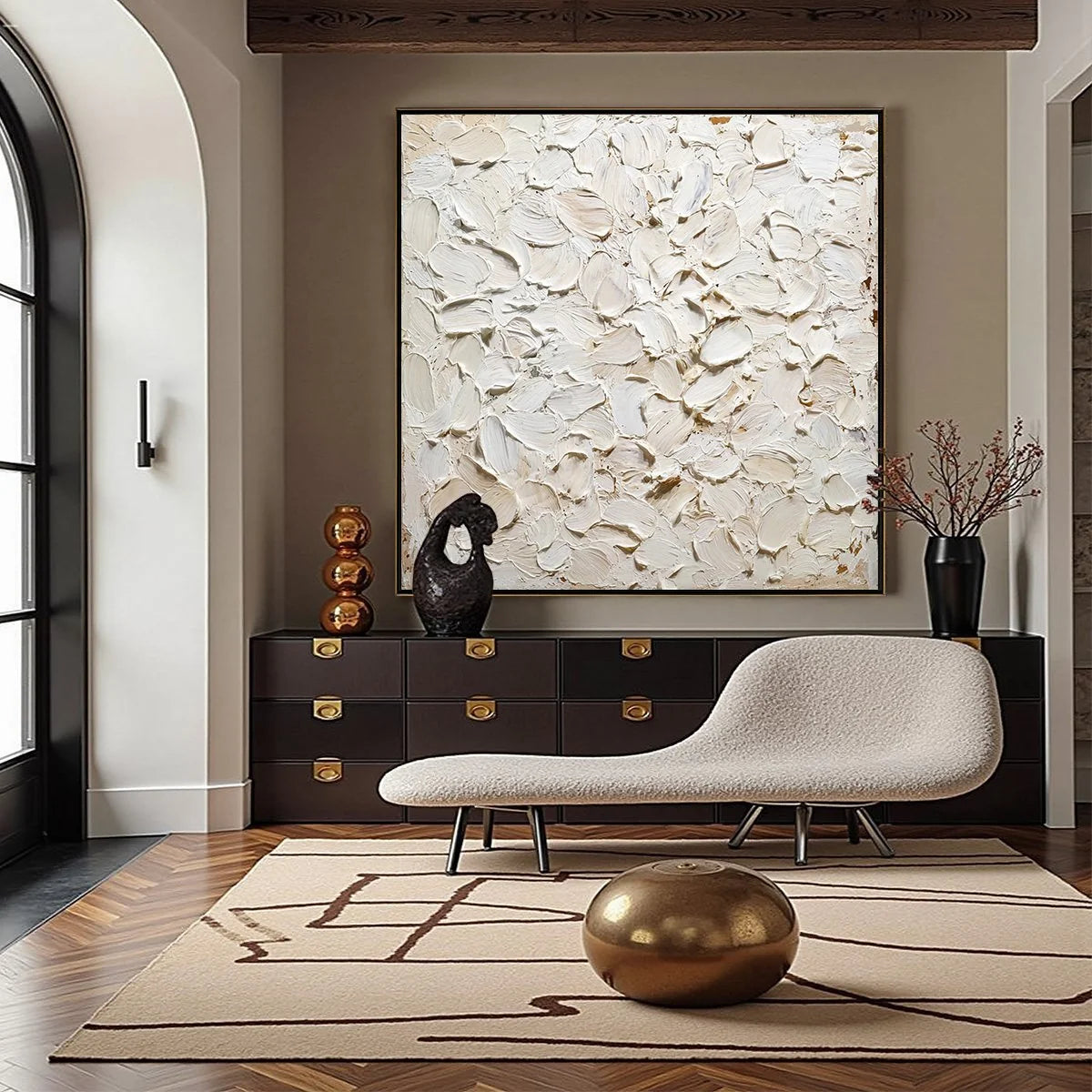 ALABASTER PETALS: Textured Wabi Sabi Abstract Impasto Painting | gold frame stretched on neutral wall