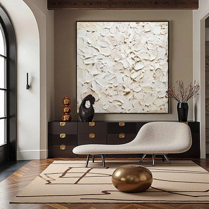 ALABASTER PETALS: Textured Wabi Sabi Abstract Impasto Painting | gold frame stretched on neutral wall