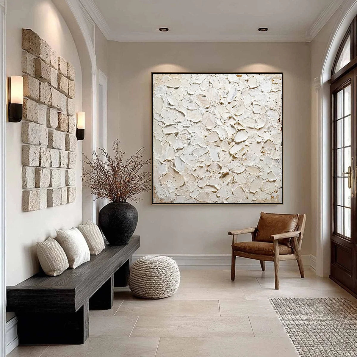 ALABASTER PETALS: Textured Wabi Sabi Abstract Impasto Painting | black frame version on white wall